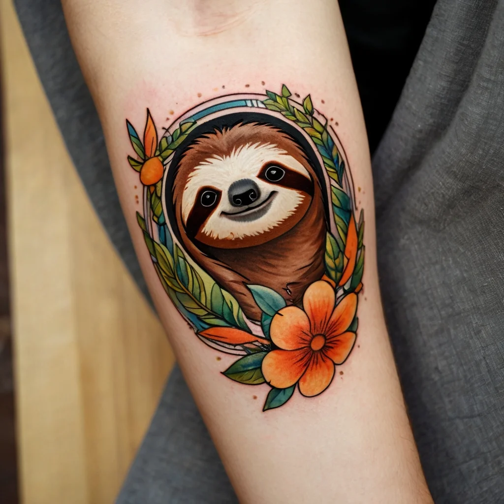 Colorful tattoo of a smiling sloth with vibrant orange flowers and green leaves encircling it, on an arm.