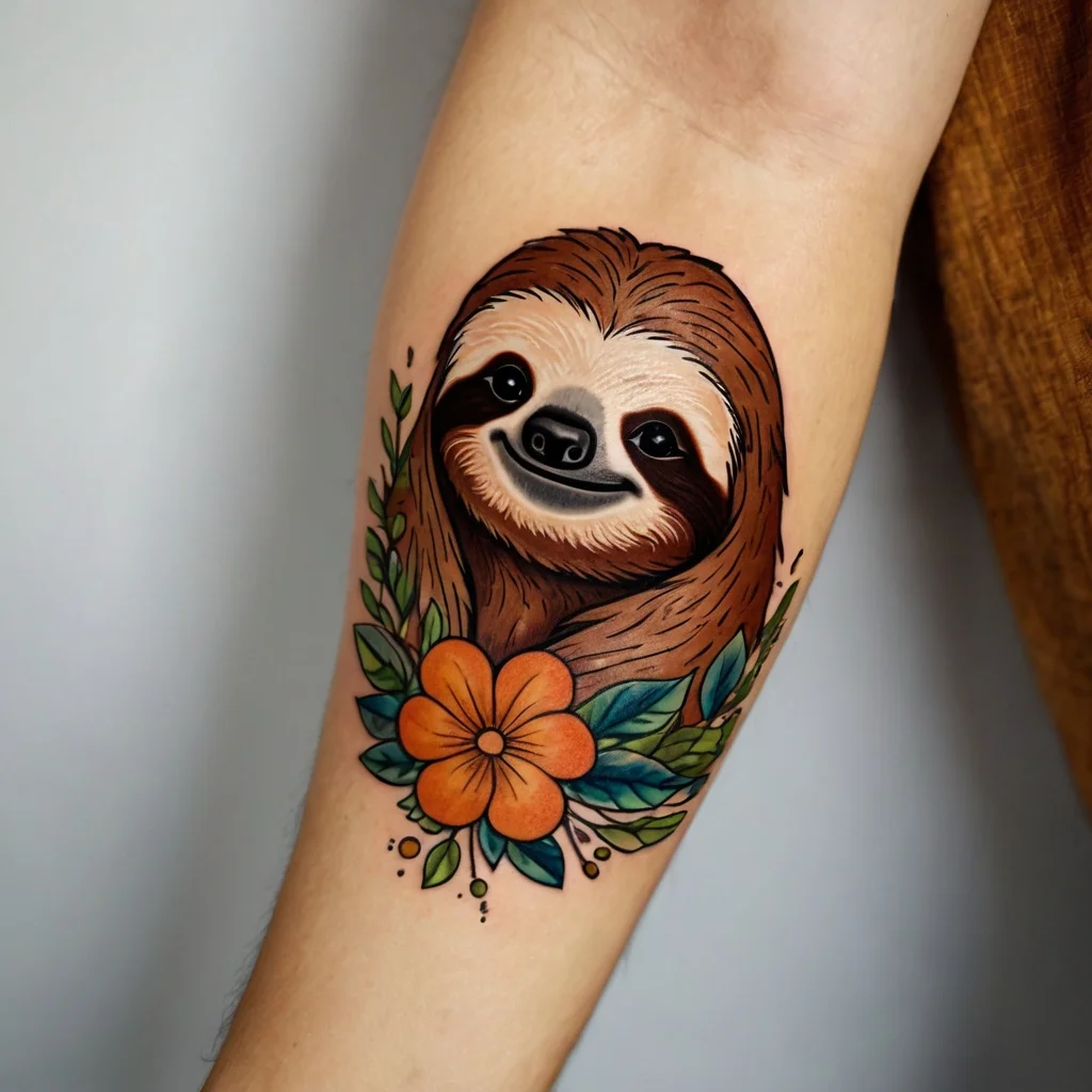 A vibrant tattoo featuring a smiling sloth surrounded by colorful orange flowers and green foliage on the forearm.