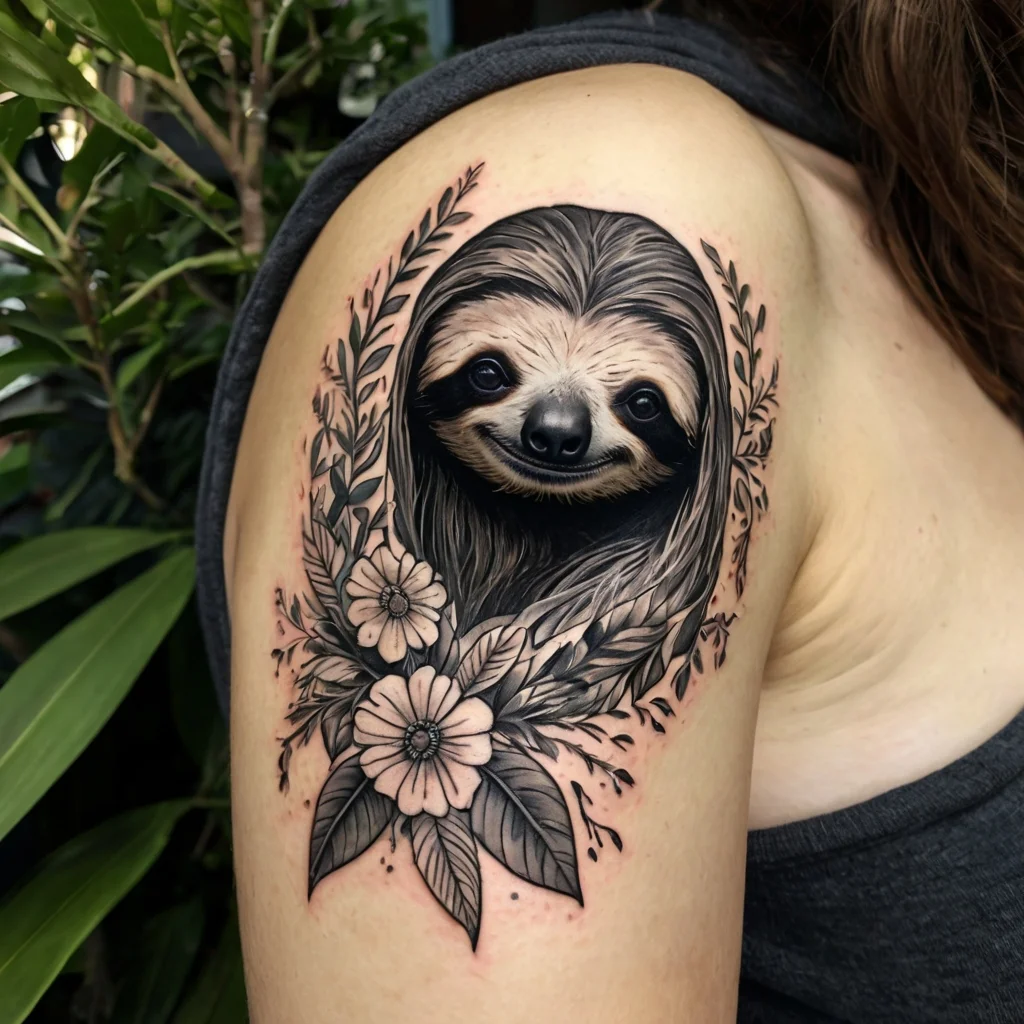 Tattoo of a sloth surrounded by intricate leaves and flowers, expertly shaded in black and grey on the shoulder.