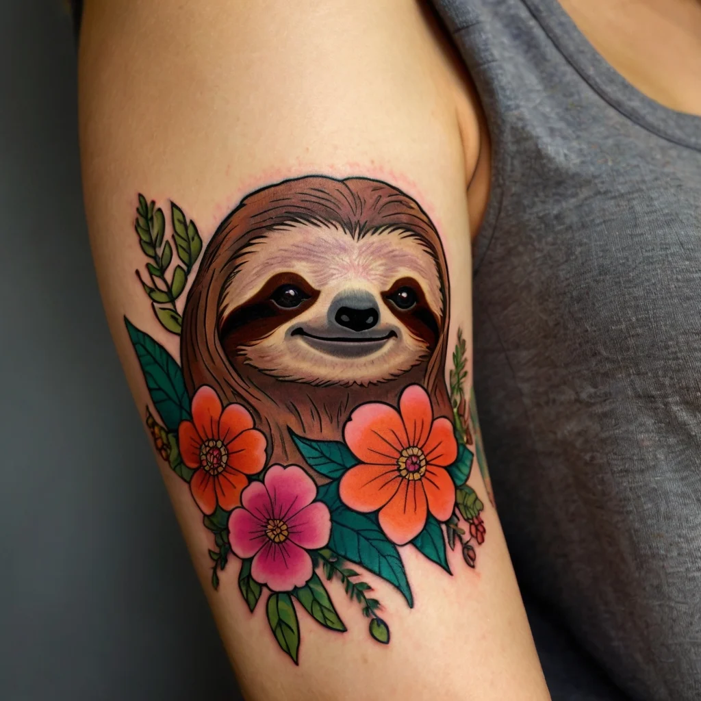 Vibrant sloth tattoo surrounded by colorful orange and pink flowers with green leaves on upper arm.