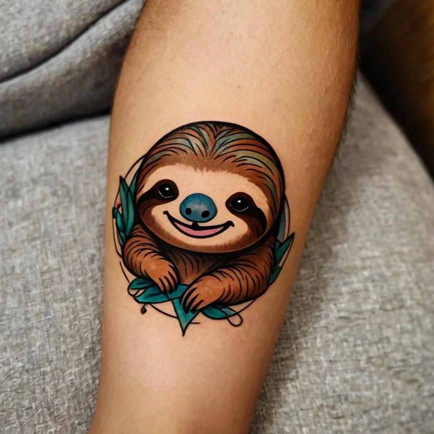 Cheerful sloth tattoo with vibrant colors, featuring teal leaves and a playful expression, highlighting a cute, relaxed vibe.