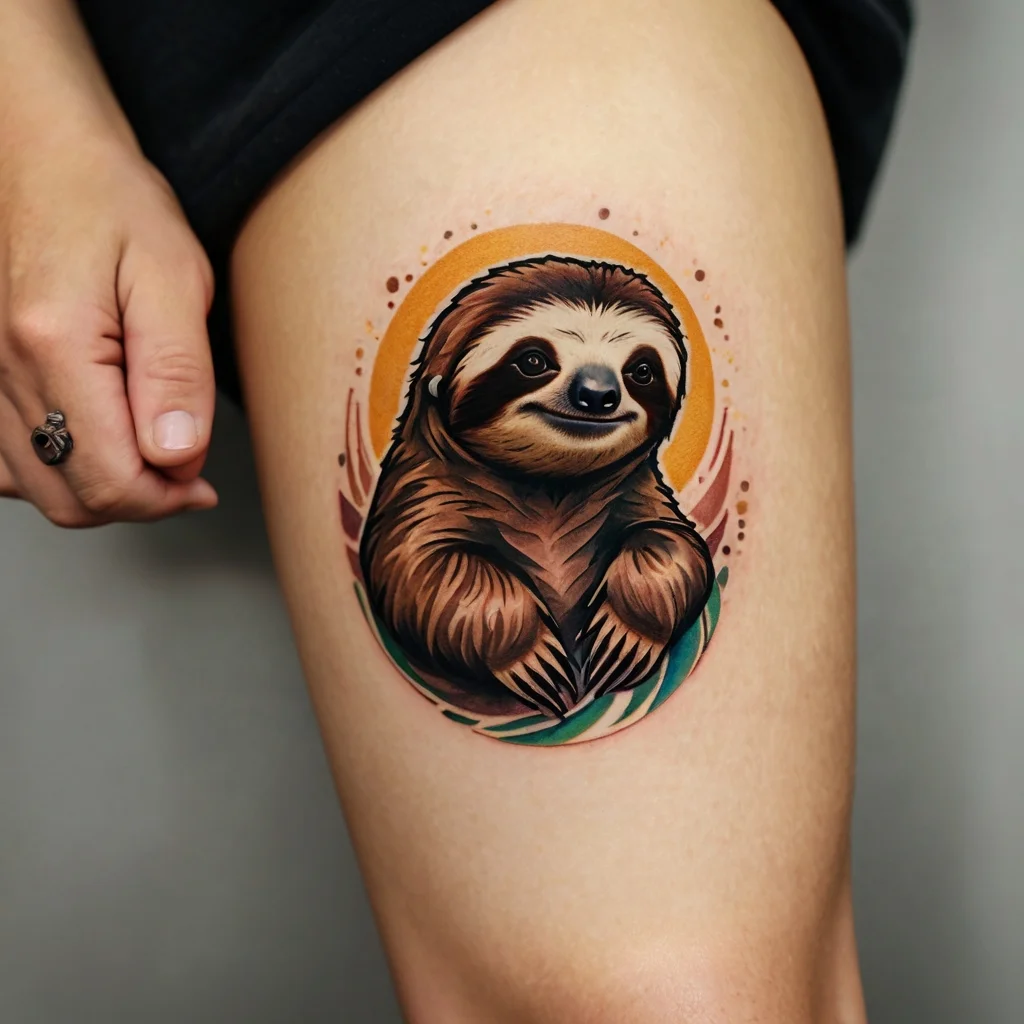 Colorful sloth tattoo on thigh with geometric leaves and a warm orange background, symbolizing tranquility and nature.