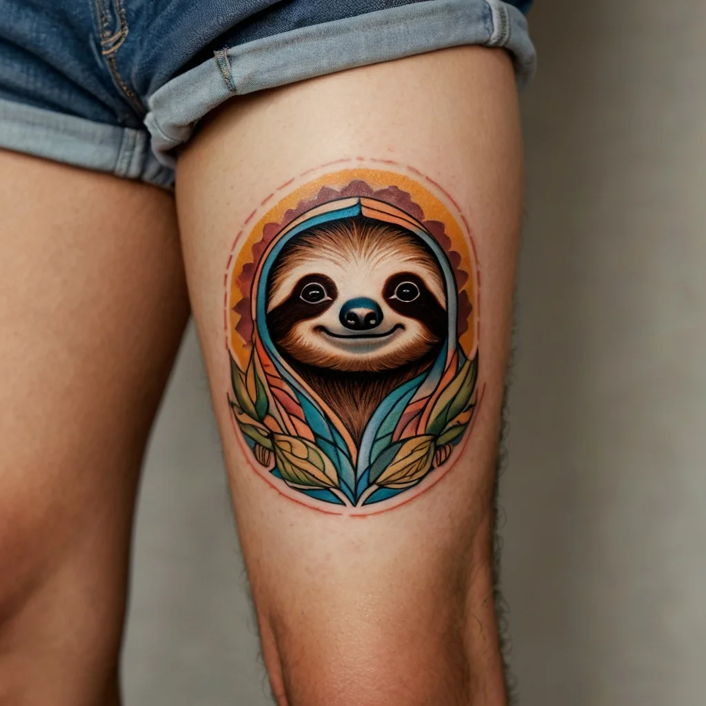 Colorful sloth tattoo with a smiling face, surrounded by geometric leaves and a vibrant gradient background on the thigh.