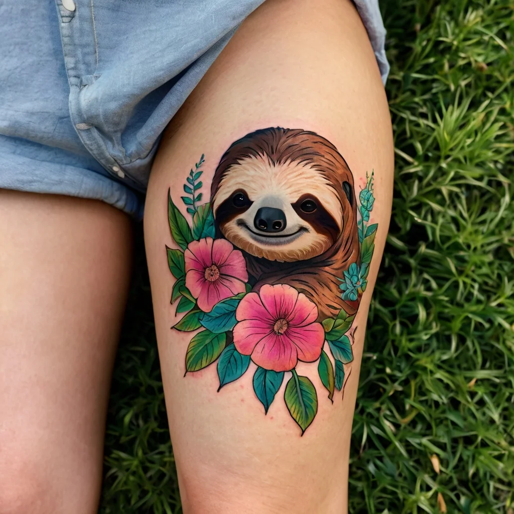 Colorful tattoo of a smiling sloth surrounded by pink flowers and green leaves on the thigh.