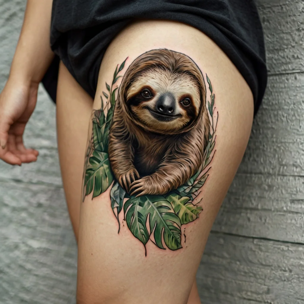 Realistic sloth tattoo on thigh surrounded by lush green leaves, showcasing detailed fur and a serene expression.