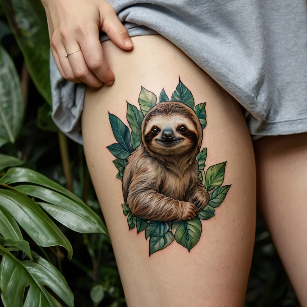 Realistic sloth surrounded by lush green leaves, inked on the thigh, detailed and vibrant.