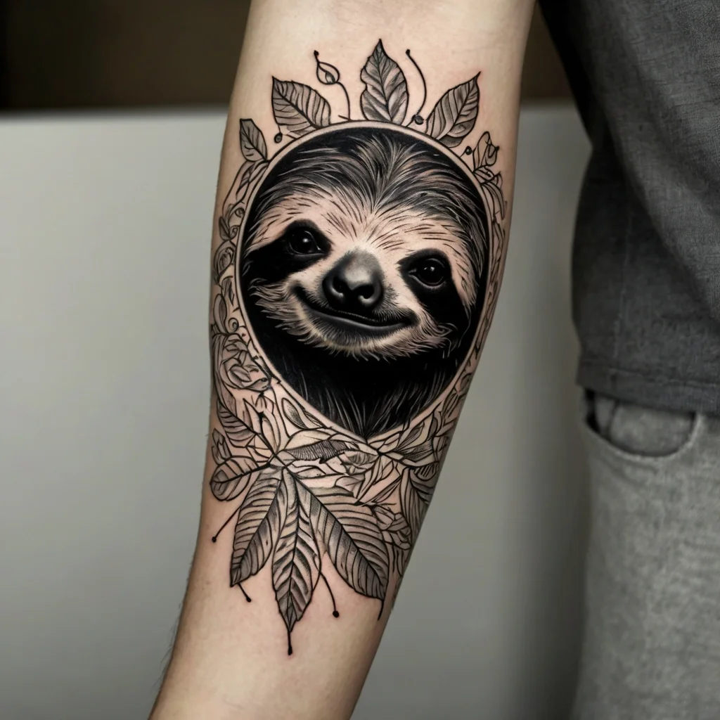 Tattoo of a realistic sloth face framed by intricate leaves, blending detailed shading with fine linework for contrast.