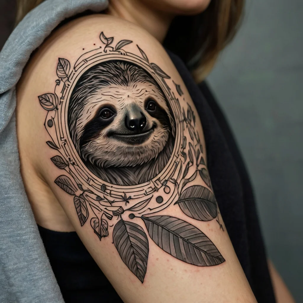 Realistic sloth portrait tattoo surrounded by ornate circular frame and leaves on the upper arm.