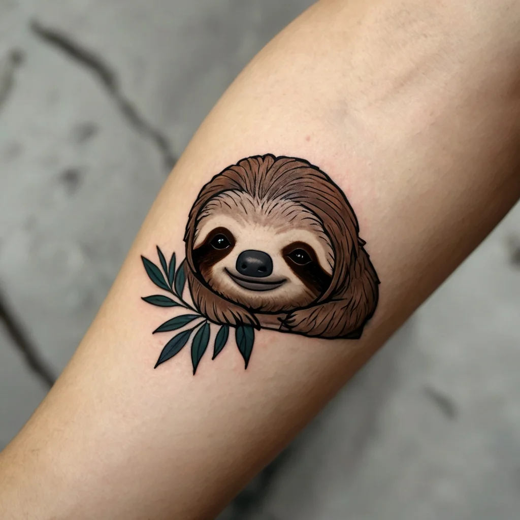 A cute sloth tattoo with detailed shading and green leaves, showcasing its relaxed demeanor on an upper arm.