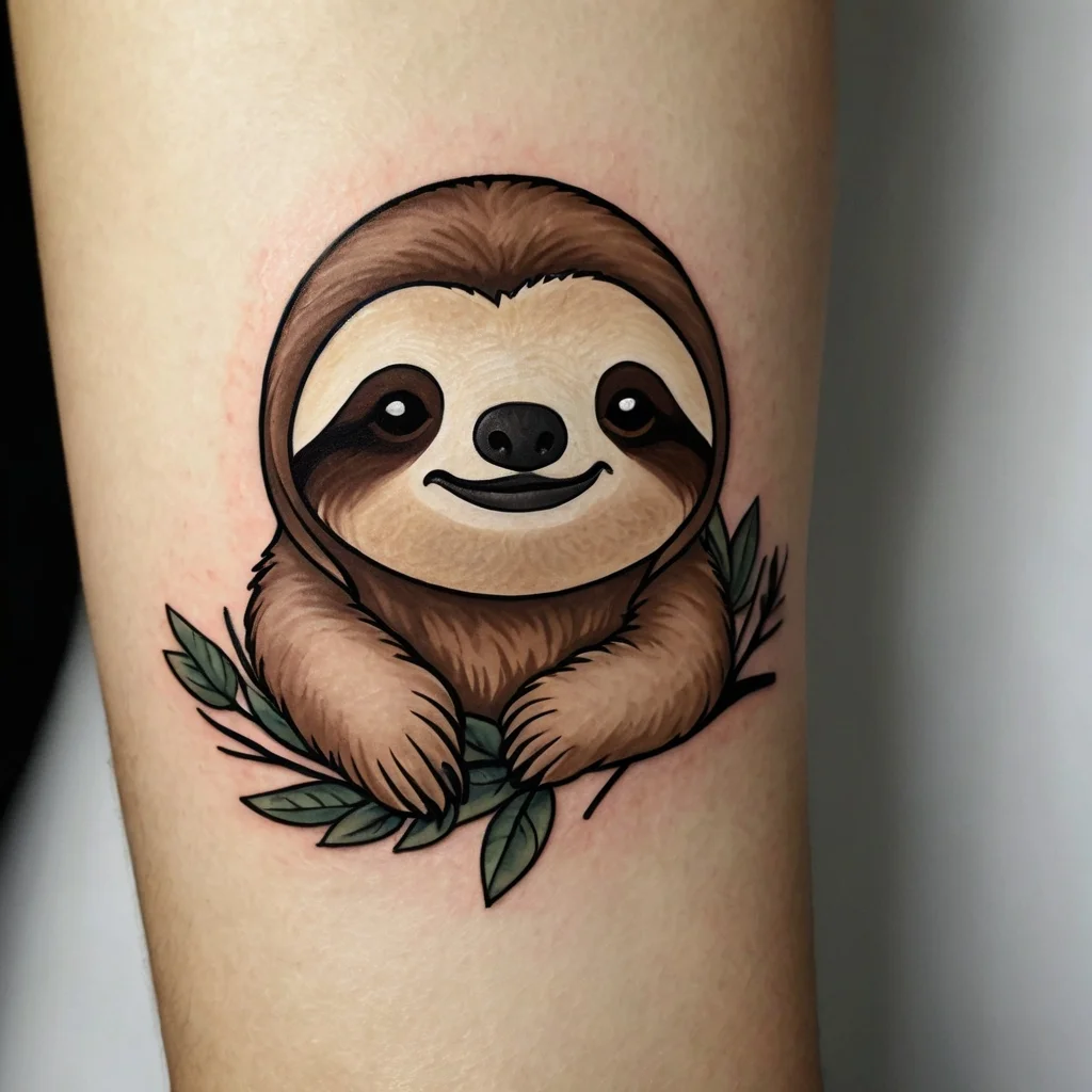 Cute sloth tattoo design with realistic shading, surrounded by leaves, creating a playful and serene vibe.