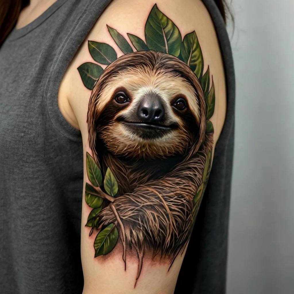 Realistic sloth tattoo with vibrant green leaves on upper arm, showcasing fine details and rich texture.