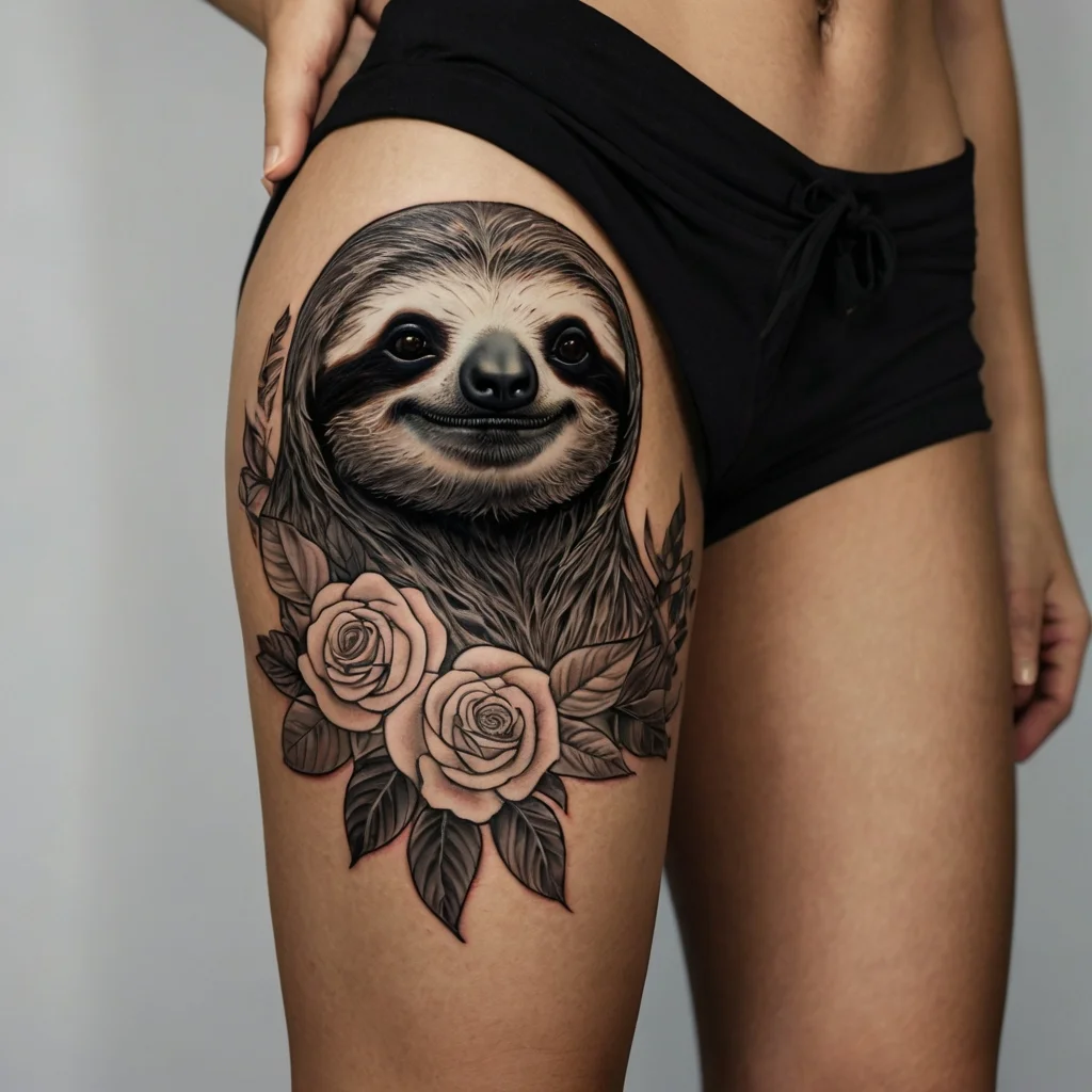 Realistic sloth tattoo adorned with detailed roses and leaves, perfectly placed on the thigh for a whimsical touch.