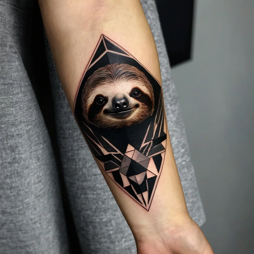 Tattoo of a realistic sloth framed within a geometric diamond shape, blending intricate lines and shaded patterns.