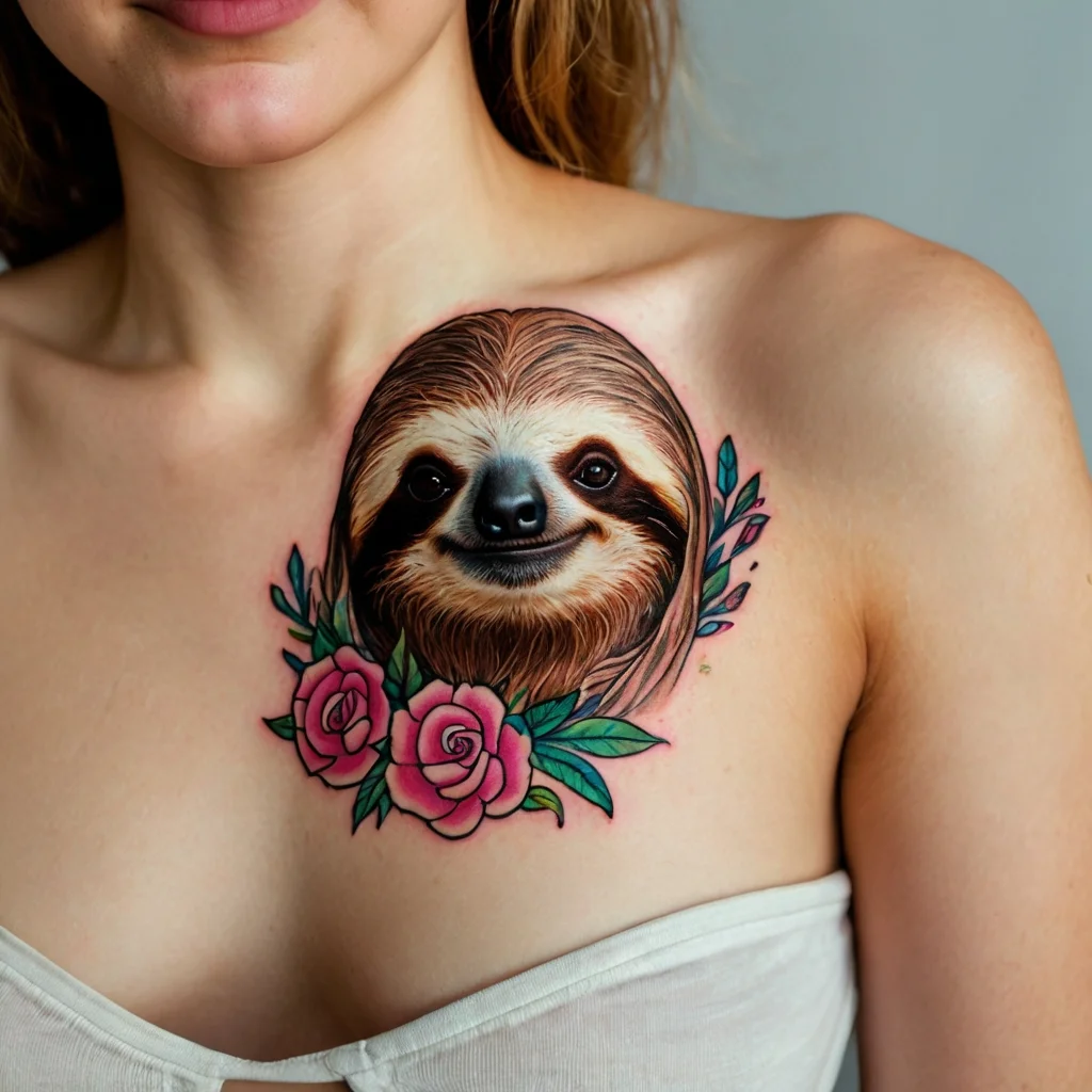 Sloth tattoo with a realistic face, surrounded by vibrant pink roses and green leaves on the upper chest.