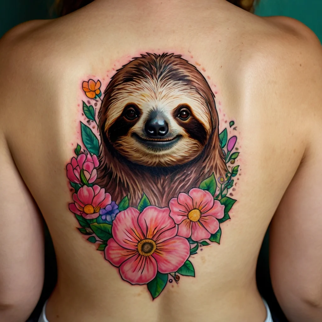 Vibrant sloth tattoo on back, surrounded by colorful pink flowers and green leaves, creating a cheerful, lively design.