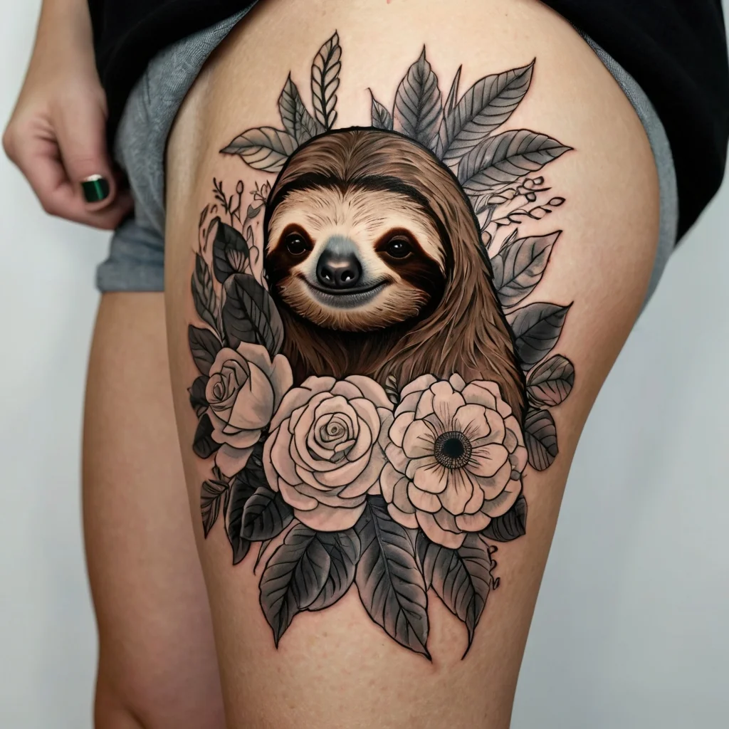 Tattoo of a sloth surrounded by realistic roses and foliage, featuring intricate shading on a thigh.