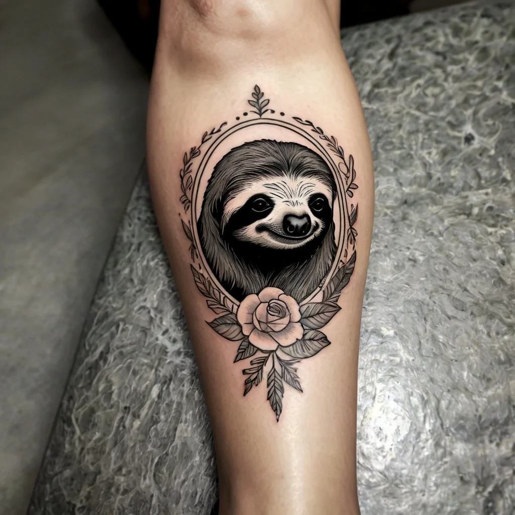 Black and gray tattoo of a smiling sloth framed by leaves and a central rose, encapsulating a nature theme.