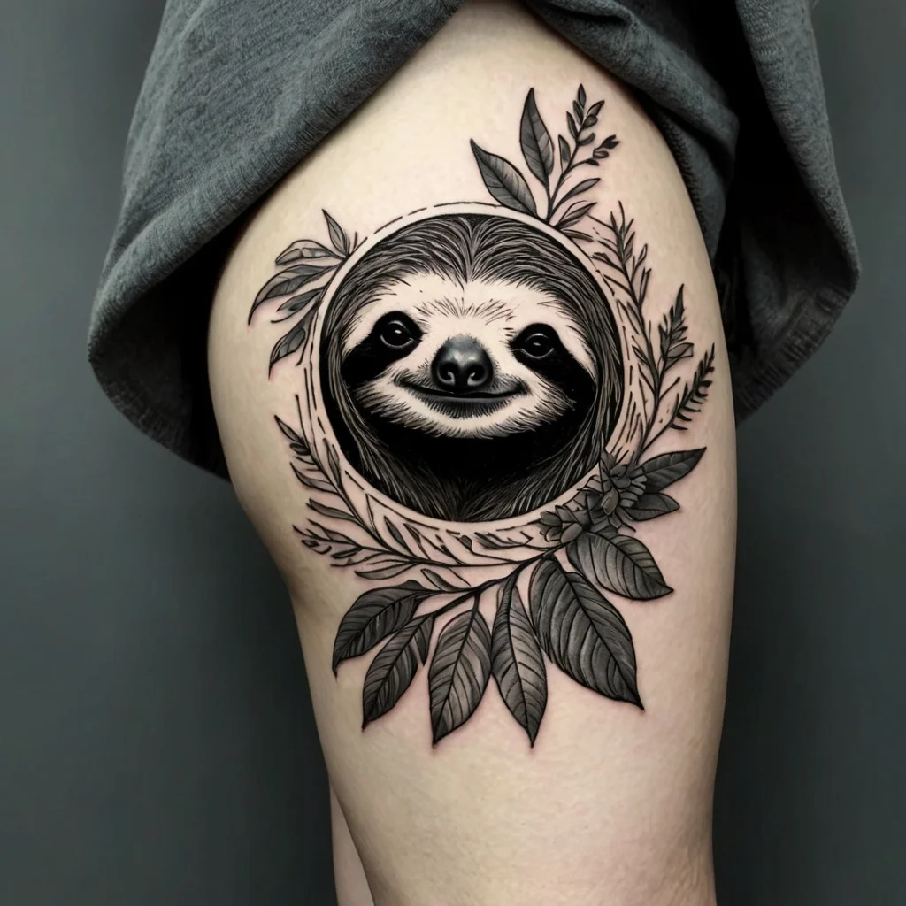 Realistic sloth face in a circular frame, surrounded by detailed leaves and branches in black and gray.