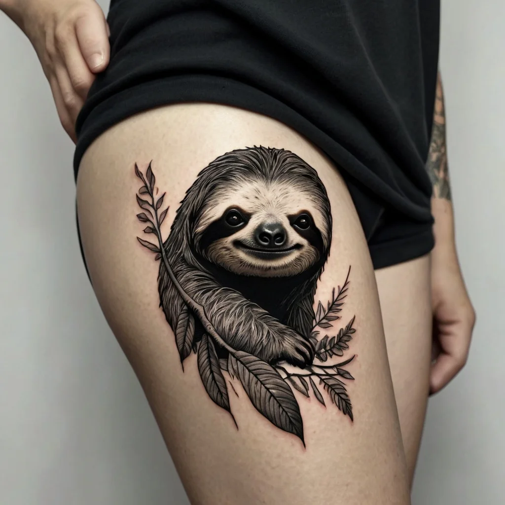 Detailed sloth tattoo on thigh, featuring realistic fur texture and delicate leaves for a whimsical and serene design.