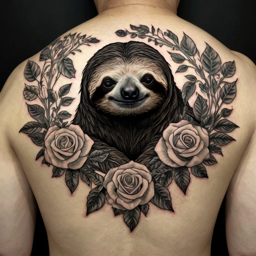 Back tattoo featuring a realistic sloth surrounded by detailed roses and foliage, symbolizing calmness and beauty.