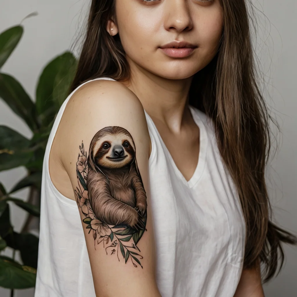 Realistic sloth tattoo on upper arm, surrounded by delicate flowers and leaves, symbolizing tranquility and nature.