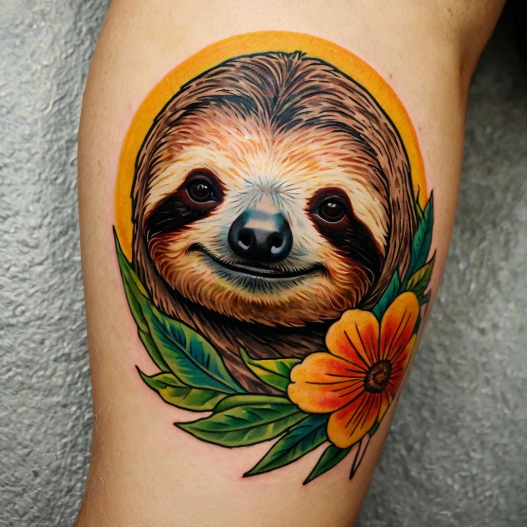 Colorful sloth tattoo with smiling face, surrounded by green leaves and a vivid orange flower, on the arm.