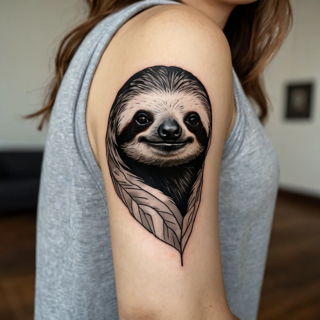 Realistic sloth tattoo on the upper arm, nestled in a leaf, showcasing detailed shading and lifelike features.