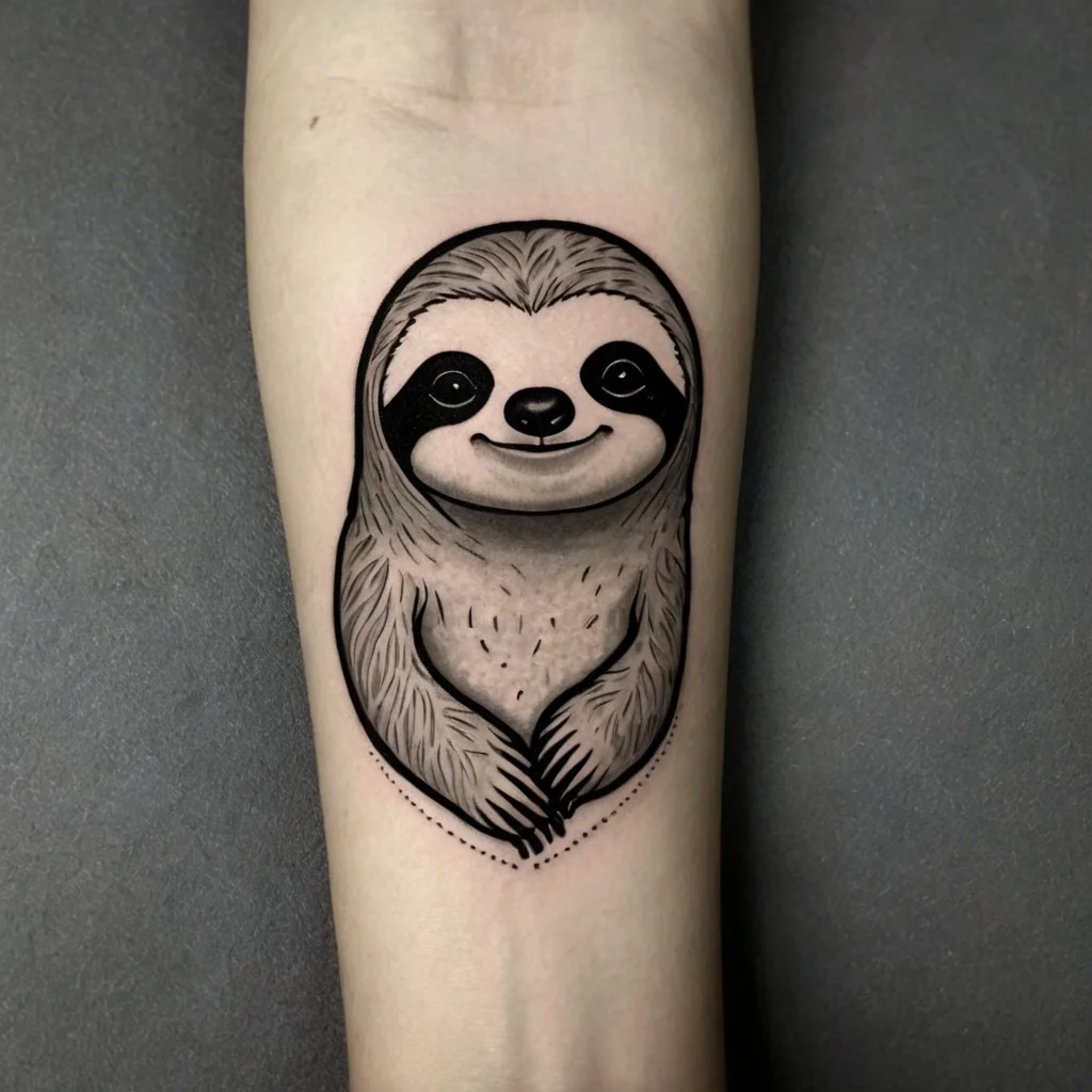 Tattoo of a smiling sloth, in black and gray, resting on an arm, with detailed fur and shading work.