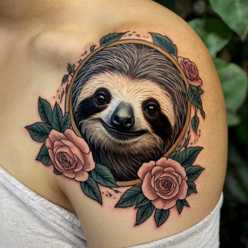 Sloth tattoo encircled by pink roses and green leaves, featuring realistic fur details on shoulder.