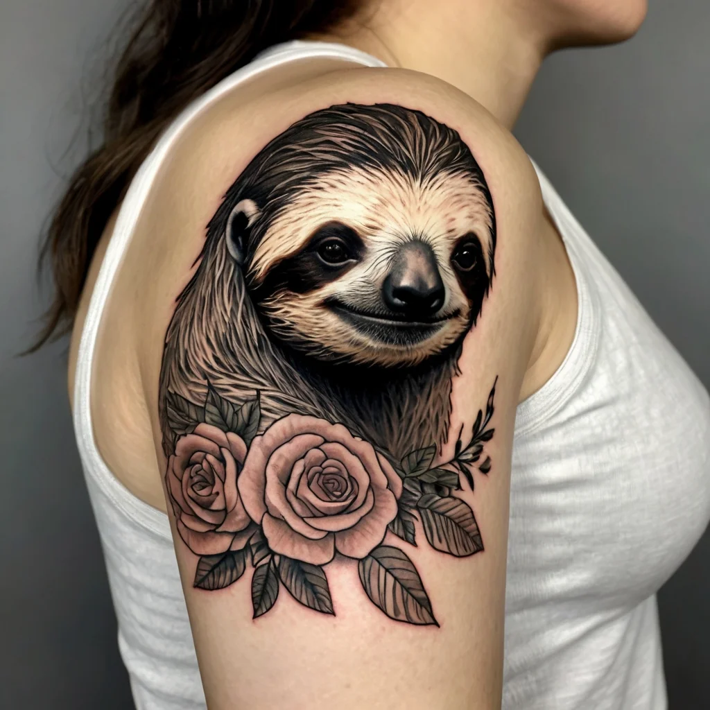 Sloth tattoo on upper arm, detailed in realism, paired with shaded roses and leaves, creating a serene, nature-inspired motif.