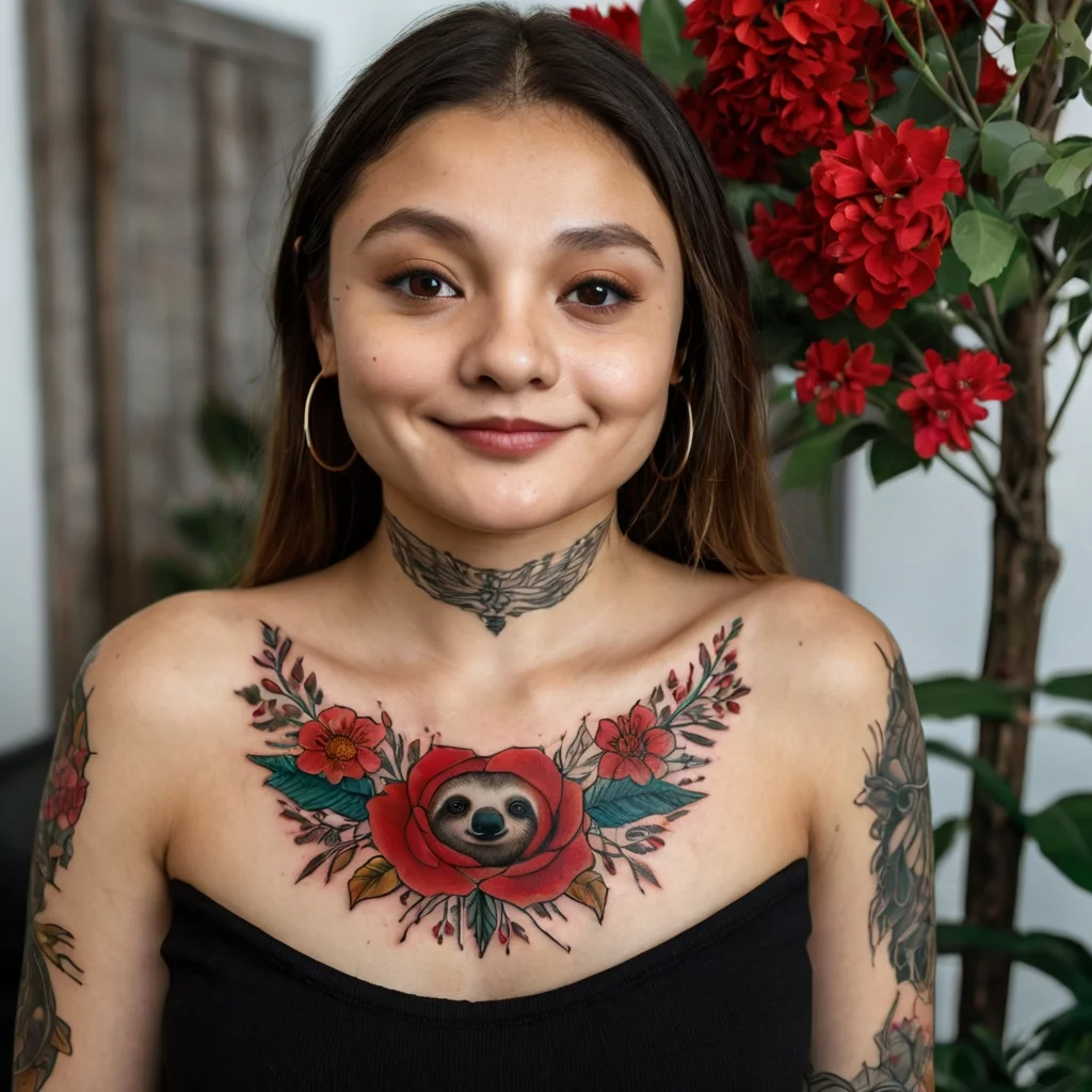 Chest tattoo of a sloth in a red rose, flanked by vibrant floral patterns with green and red hues.