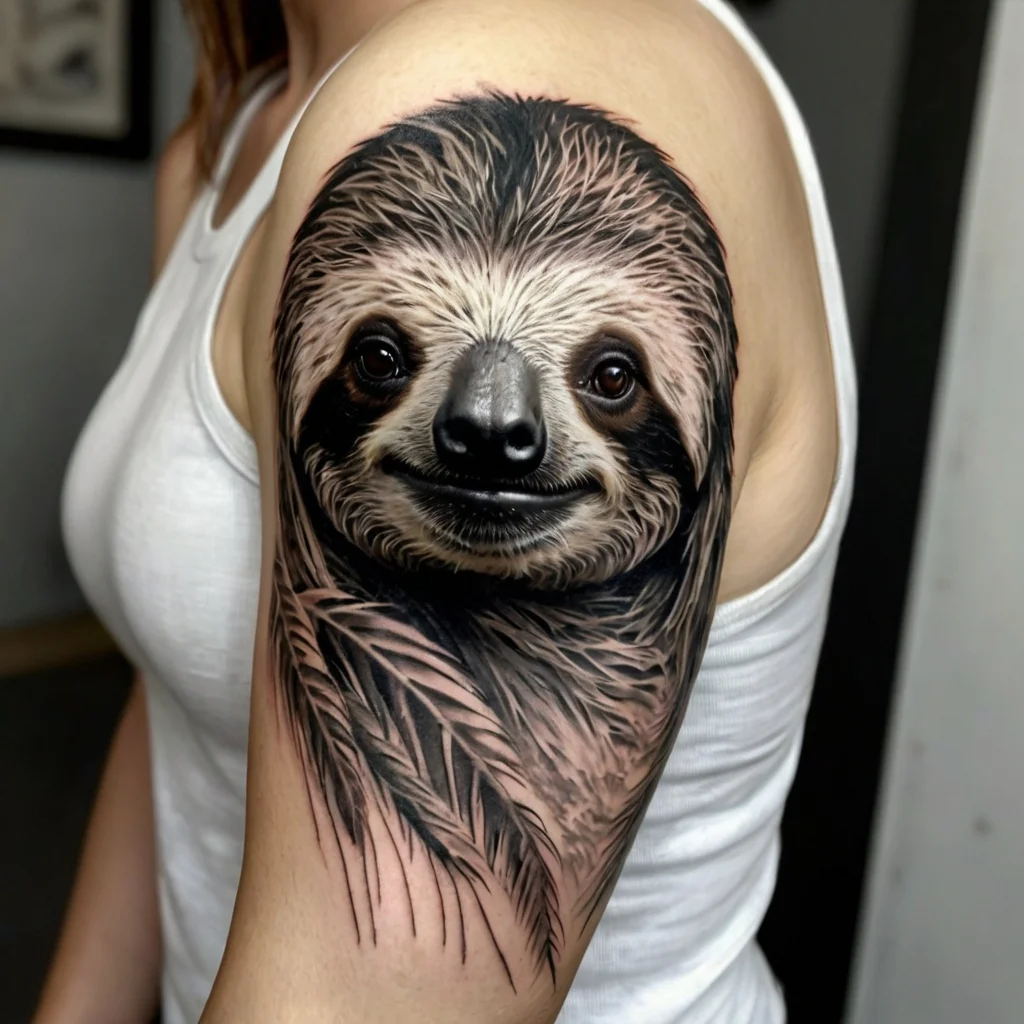 Realistic sloth tattoo on upper arm, detailed fur texture, with bold shading and soft highlights enhancing its lifelike design.