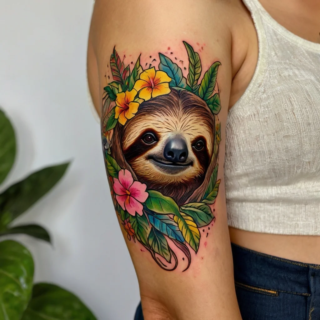 Colorful tattoo of a smiling sloth surrounded by vibrant tropical flowers and lush green leaves on the upper arm.