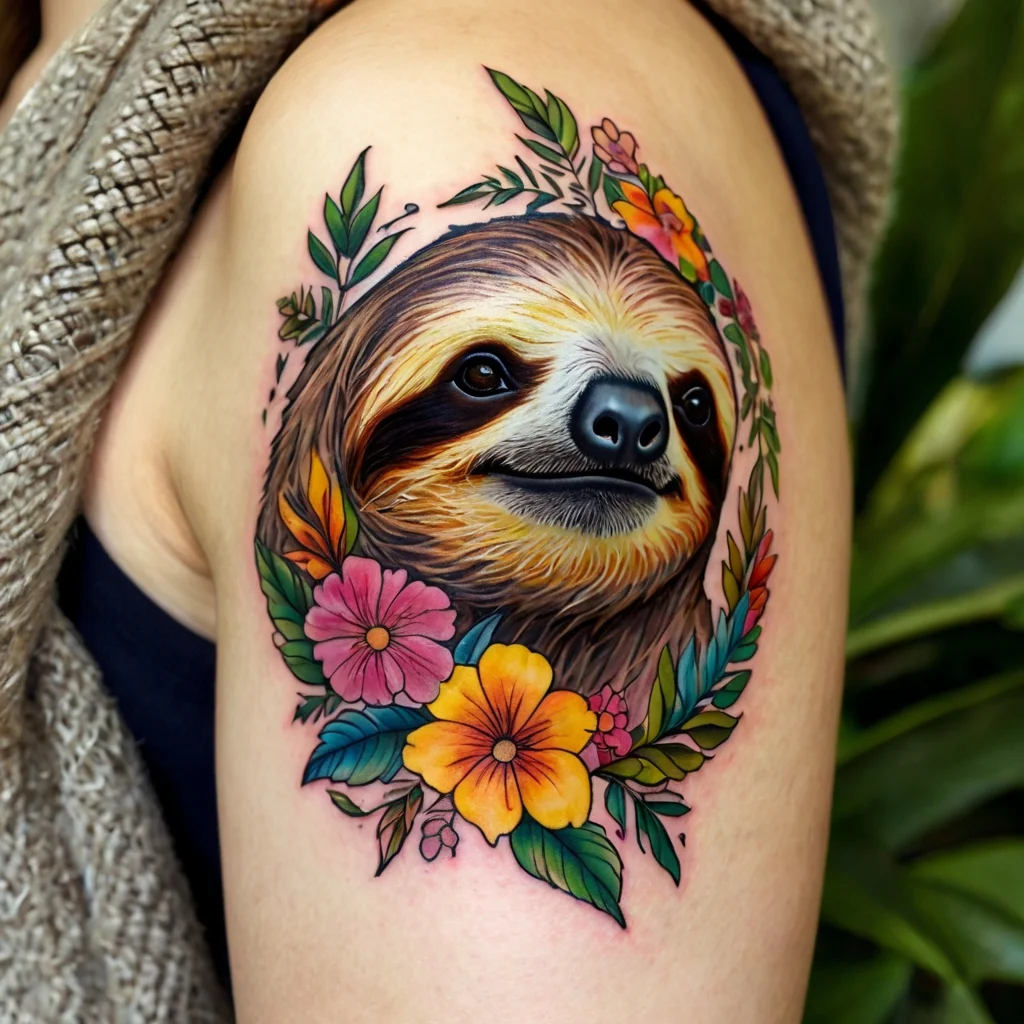 Colorful sloth tattoo encircled by vibrant pink and yellow flowers with lush green leaves on upper arm.