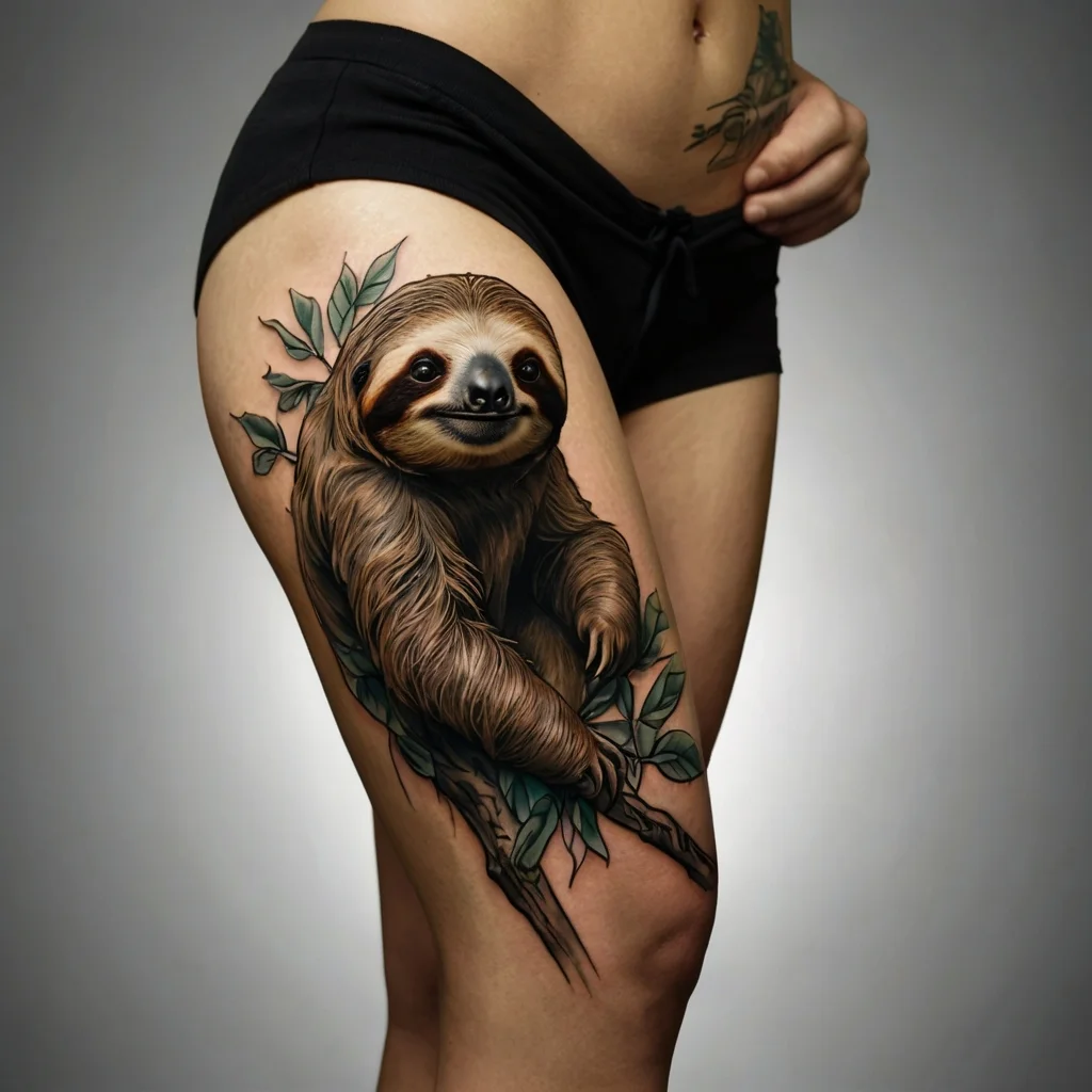 A realistic sloth tattoo on the thigh, clinging to branches with green leaves, showcasing intricate detail and shading.