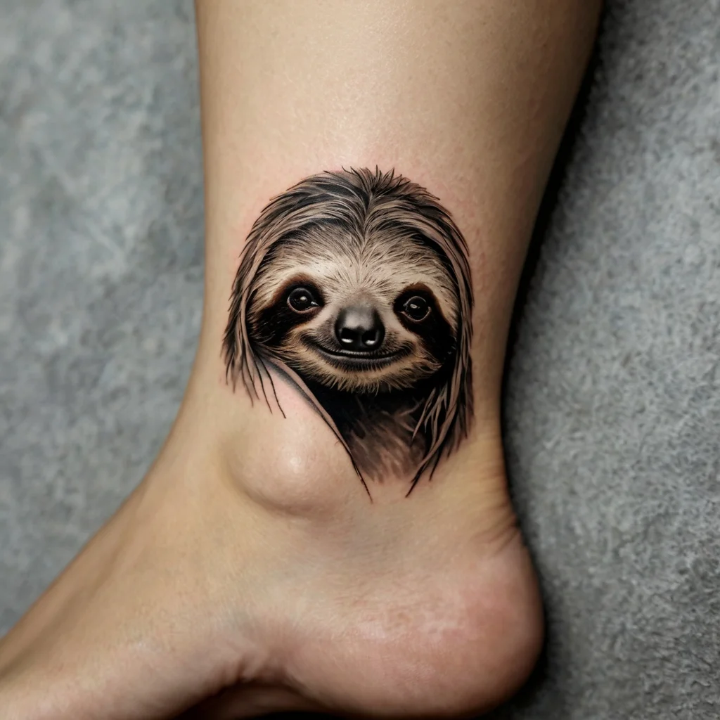 Realistic sloth face tattoo on the ankle, featuring detailed fur textures and a serene expression.