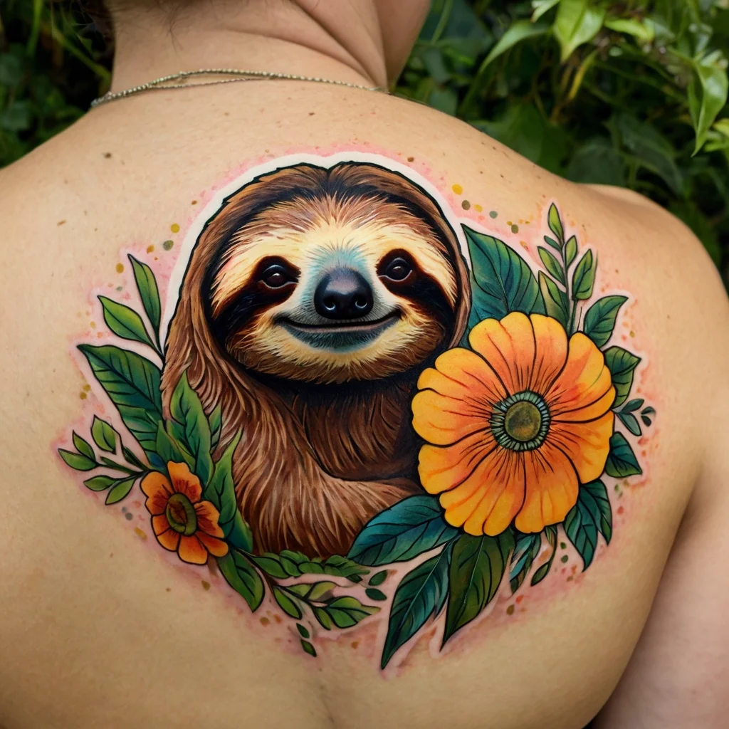 Colorful sloth tattoo with vibrant yellow-orange flowers and lush green leaves on upper back.