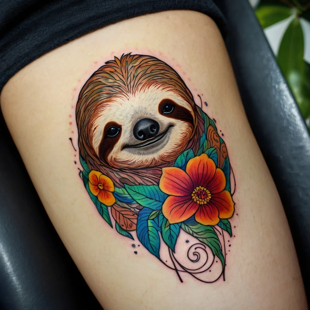 Colorful tattoo of a smiling sloth surrounded by vibrant orange and yellow flowers with green leaves on the upper arm.