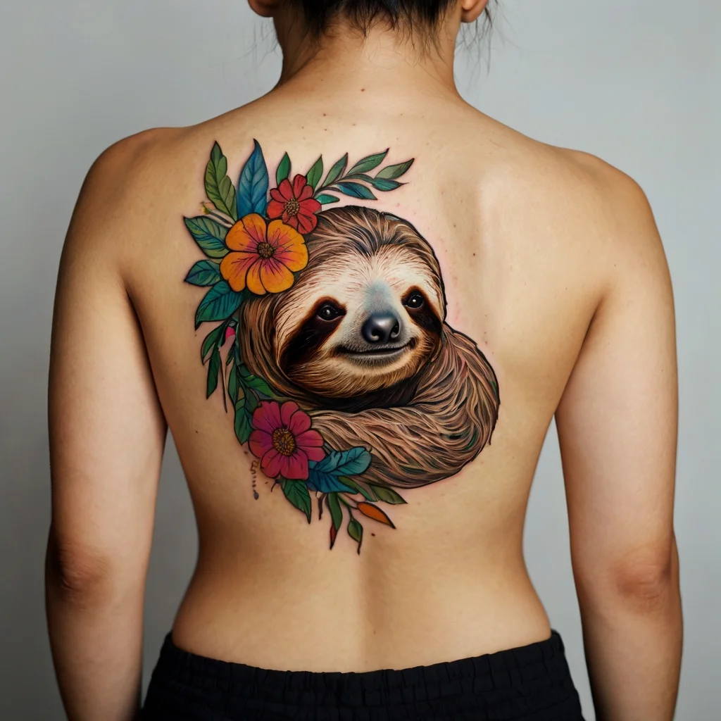 Vivid tattoo of a smiling sloth encircled by colorful flowers and leaves on the upper back.