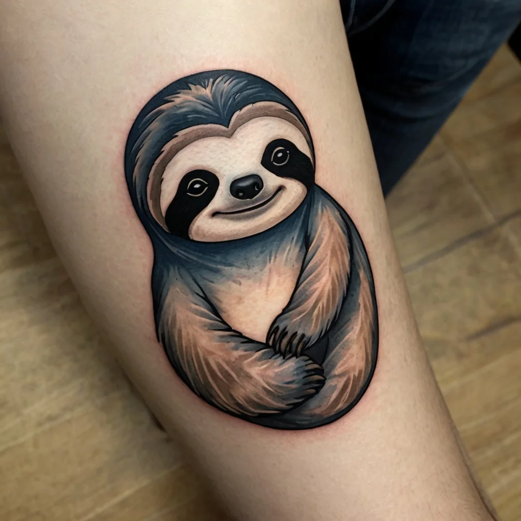 Tattoo of a smiling sloth in vibrant colors, featuring detailed fur texture and bold outlines on the arm.