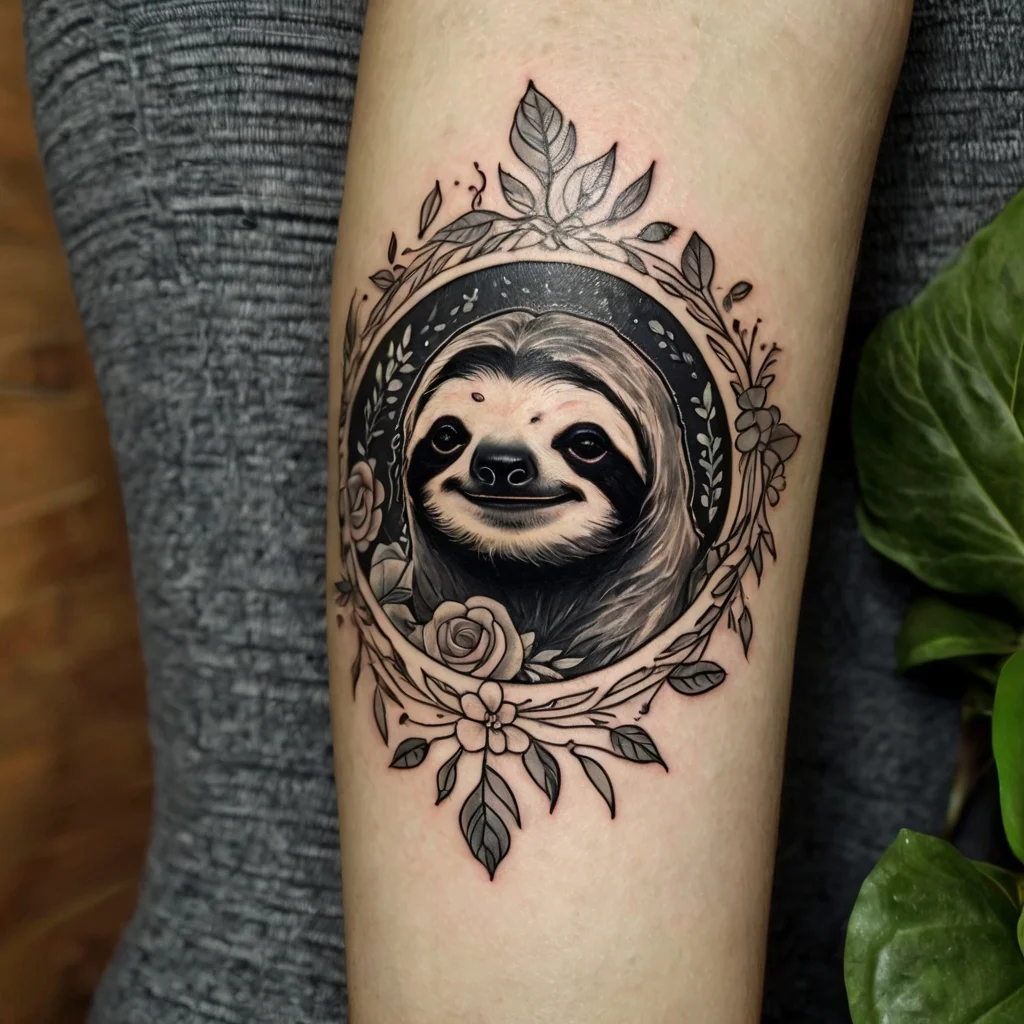 A realistic sloth tattoo framed by intricate floral patterns and leaves, detailed and richly shaded in black and grey.