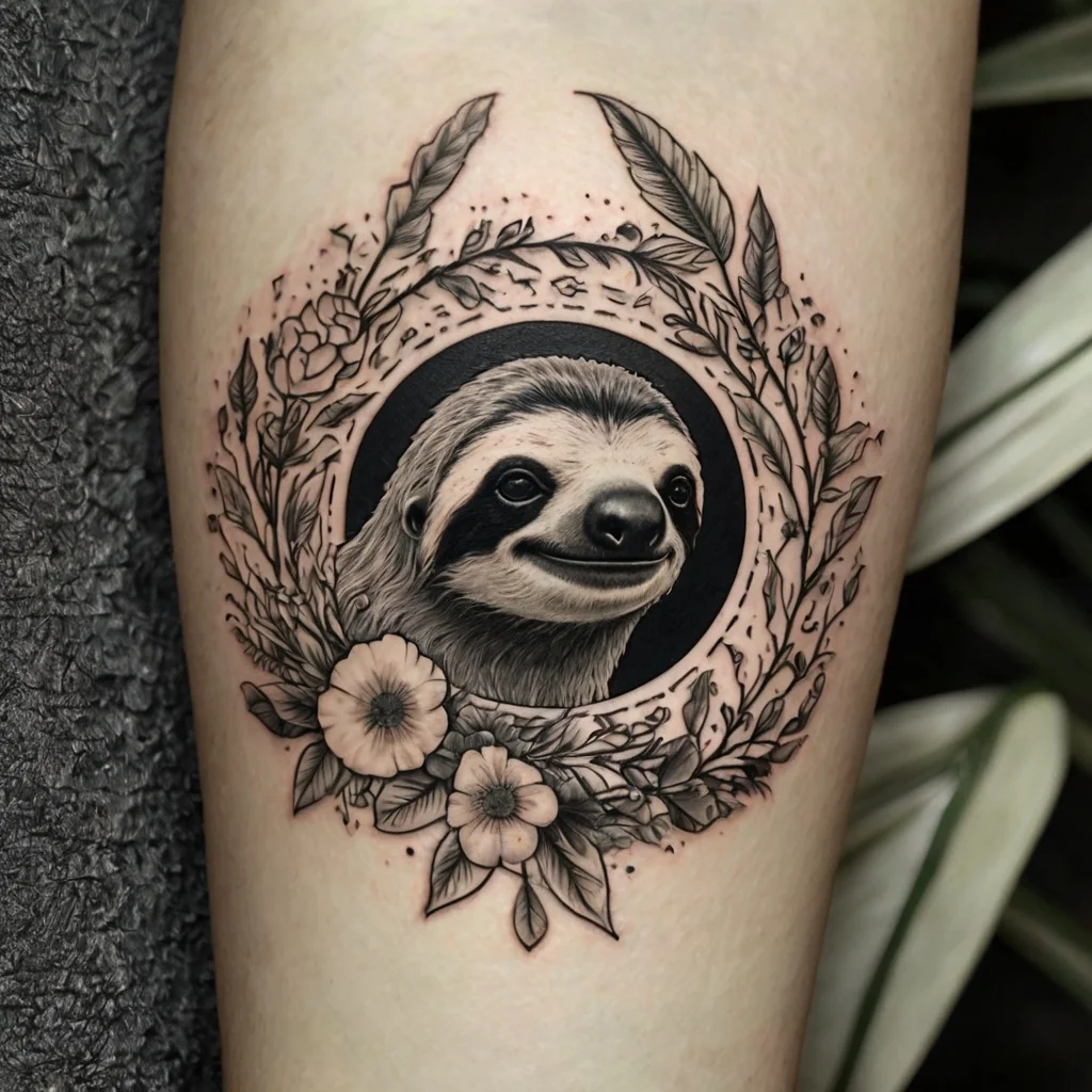 A realistic sloth tattoo surrounded by a floral wreath, featuring detailed leaves and delicate flowers in black ink.