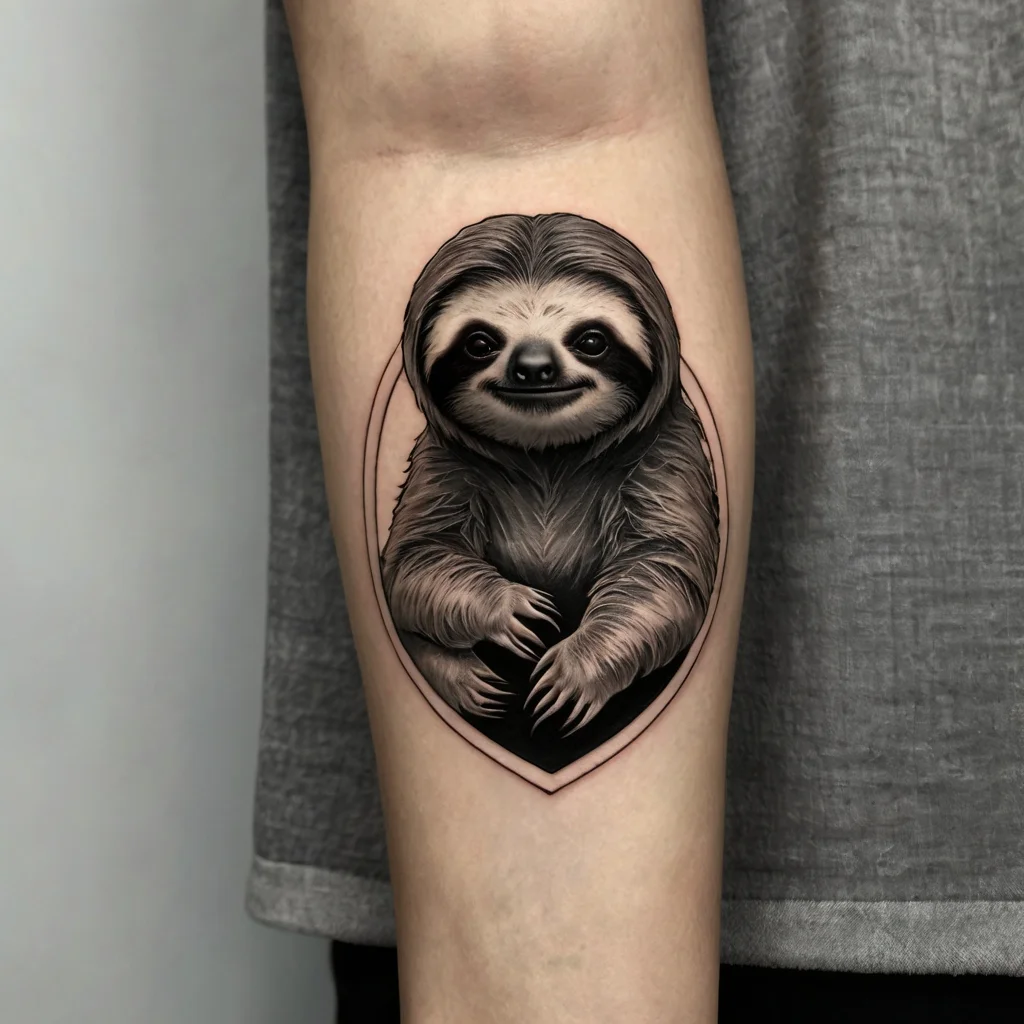 Realistic sloth tattoo with intricate shading, enclosed in an oval frame, showcasing lifelike fur detail on the forearm.