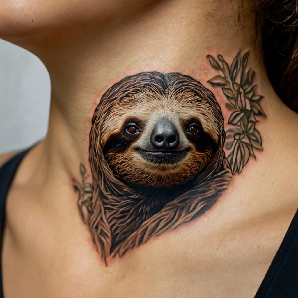 Realistic sloth head tattoo with detailed fur and shading, surrounded by green leafy branches on the neck.