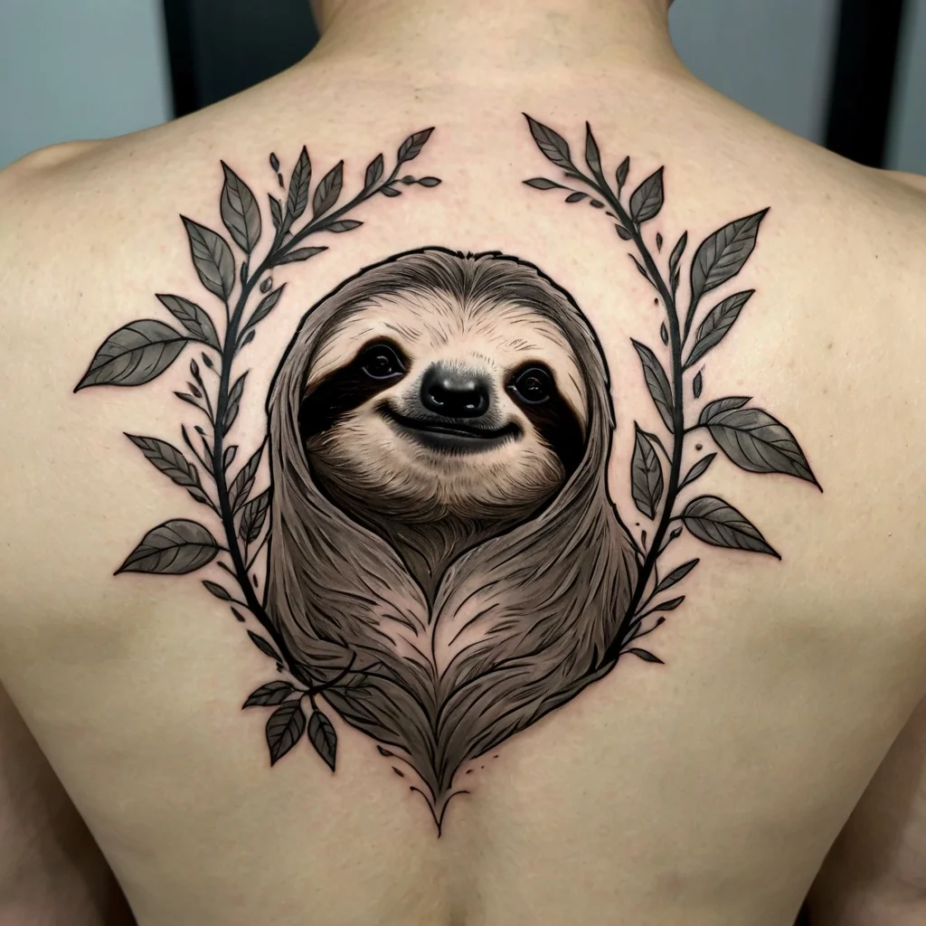 Realistic sloth tattoo wrapped in fur, framed by leafy branches, centered on upper back with detailed shading.