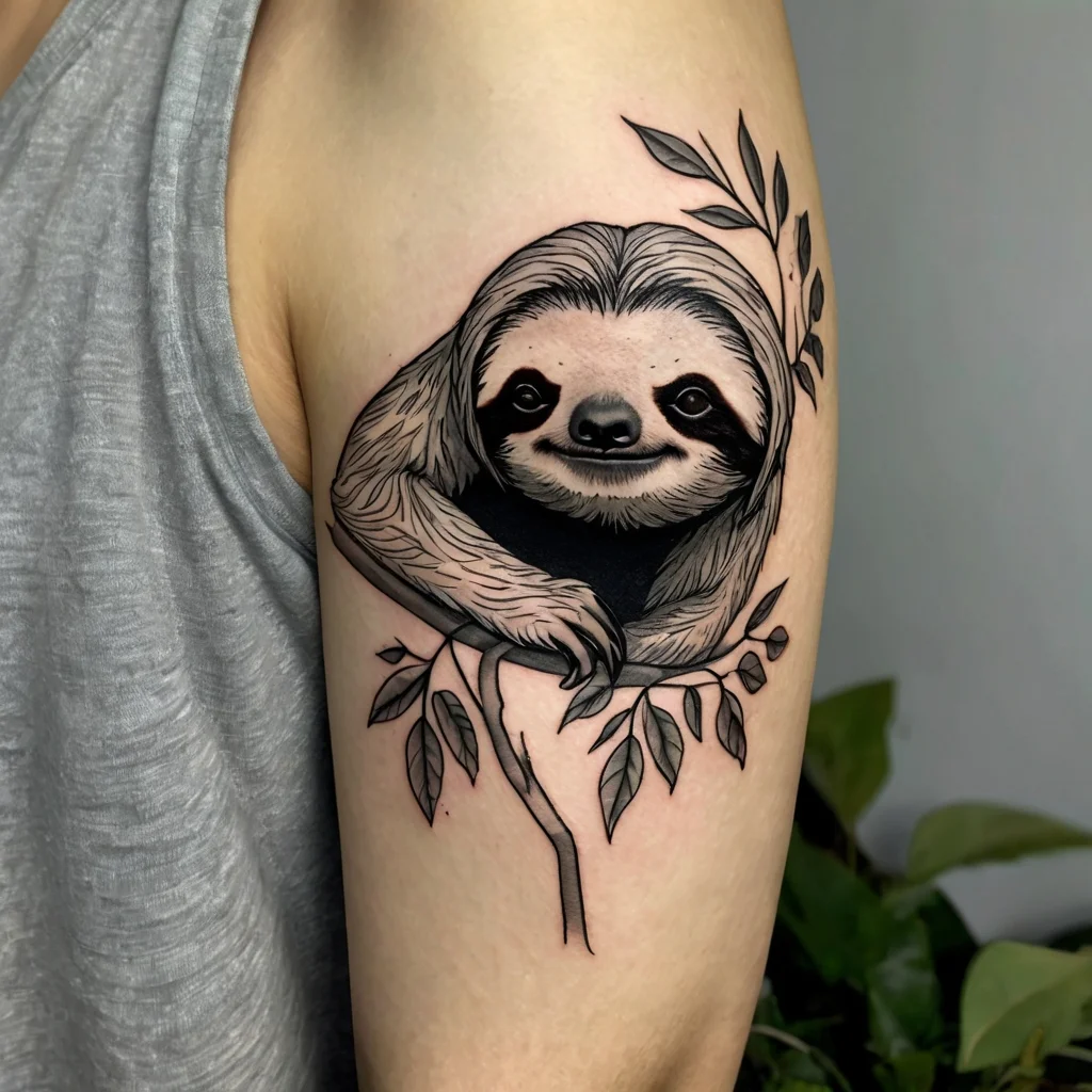 Tattoo of a smiling sloth in black and gray, hanging from a branch with leaves on a person's arm.