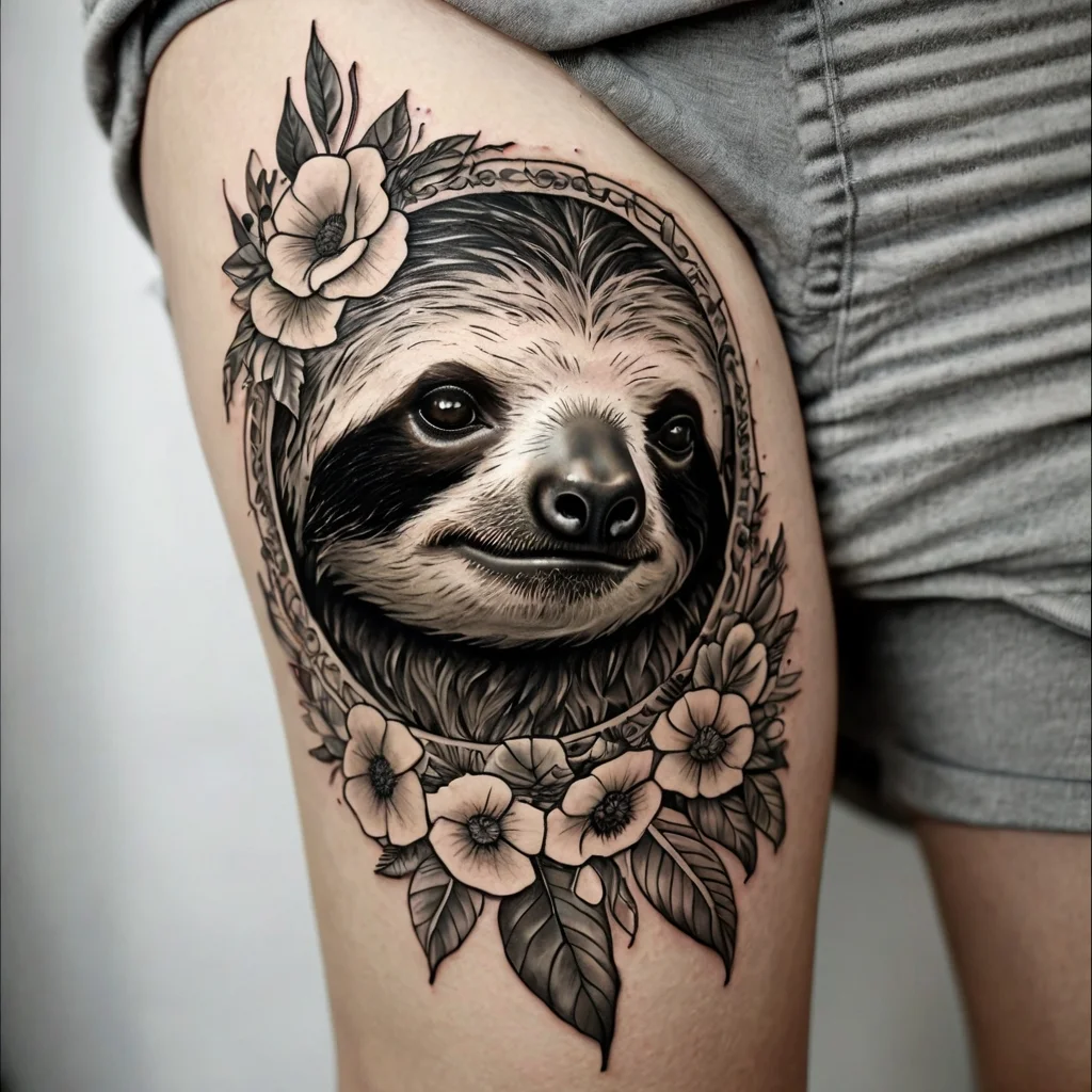 Realistic sloth portrait tattoo surrounded by detailed leaves and flowers, creating a harmonious, nature-inspired design.