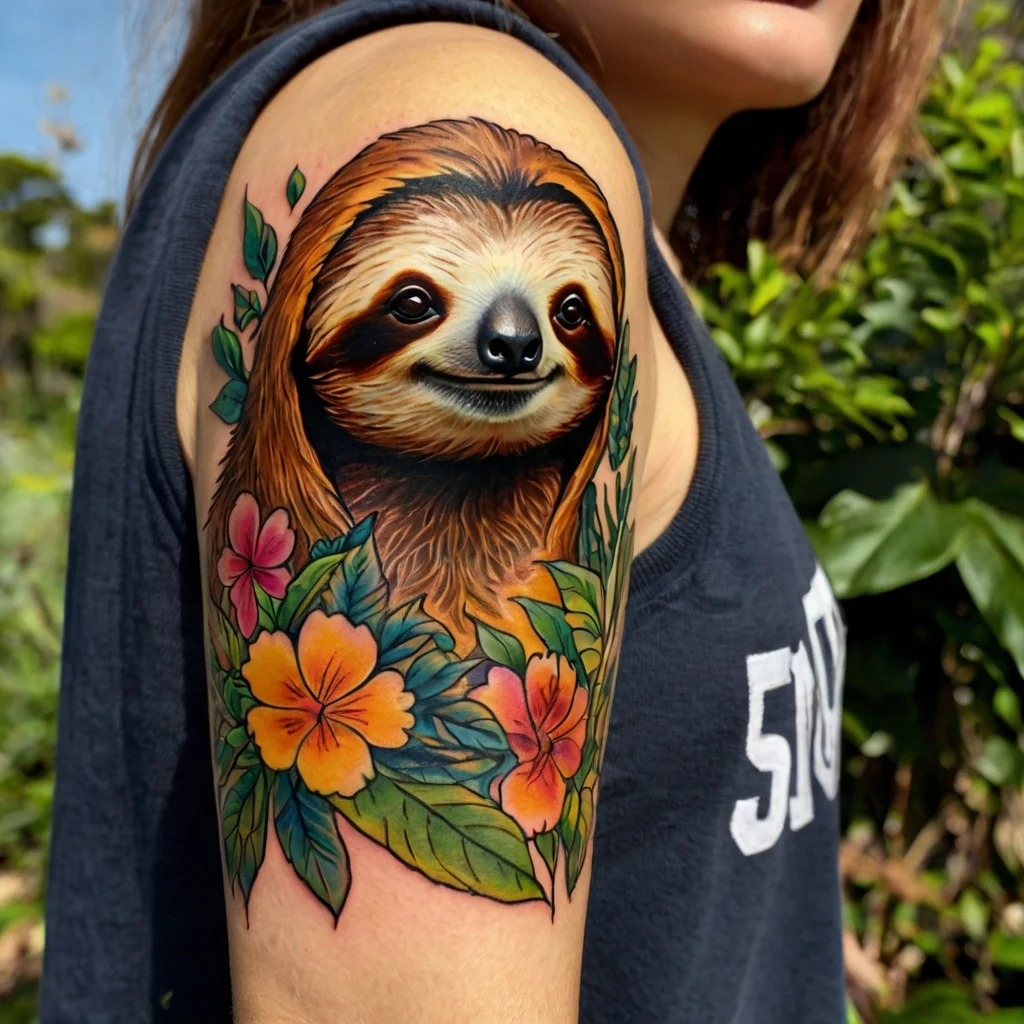 Colorful sloth tattoo with hibiscus flowers and lush leaves, showcasing vibrant tropical vibes on the upper arm.