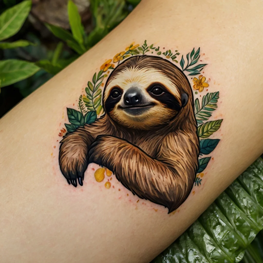 A vibrant tattoo of a smiling sloth surrounded by lush green leaves and yellow flowers, showcasing exquisite detail.