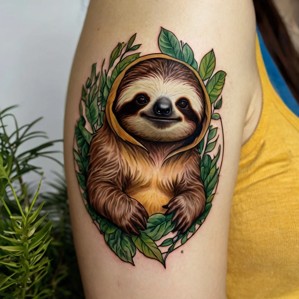 A colorful tattoo of a smiling sloth surrounded by vibrant green leaves on the upper arm, symbolizing calm and nature.